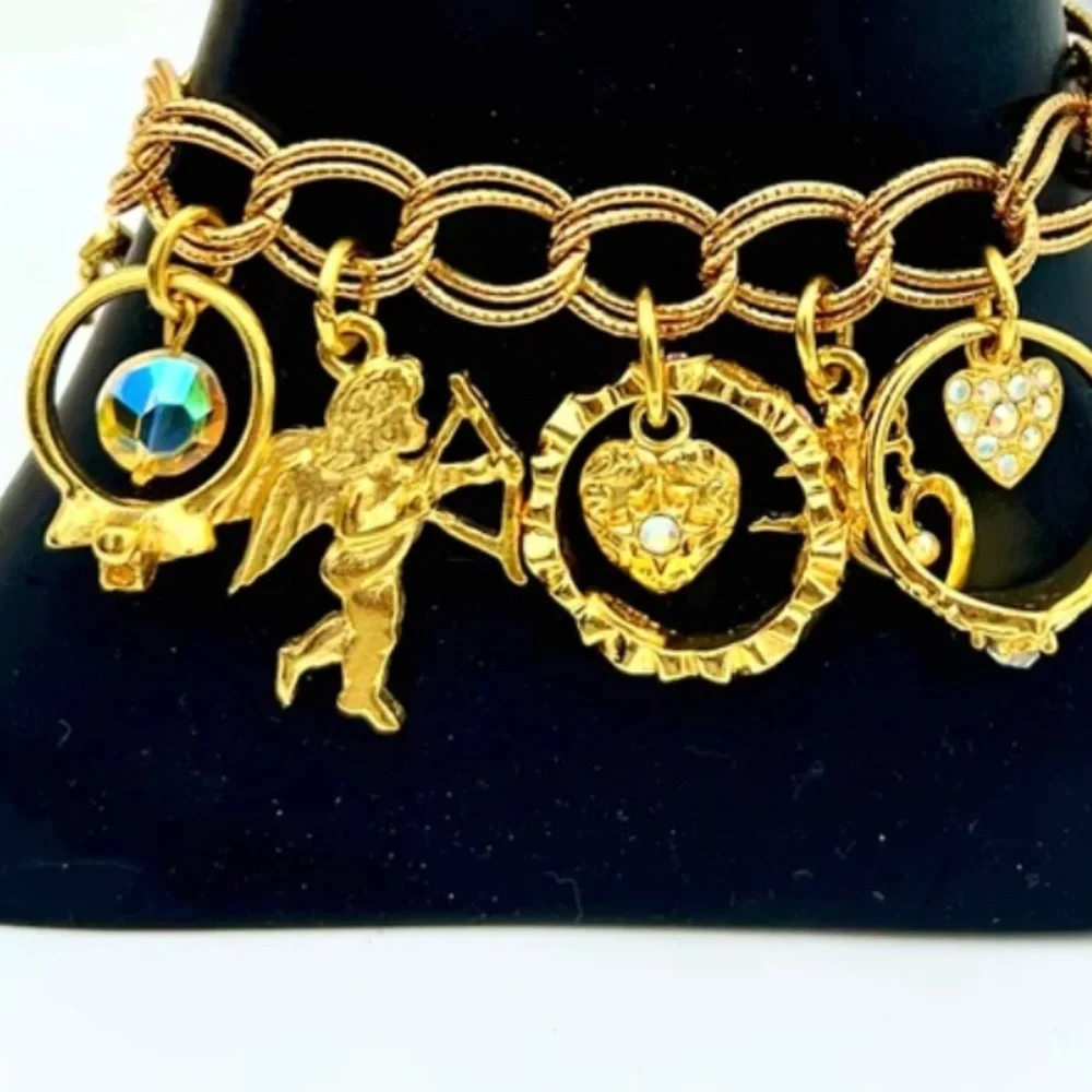 Kirks Folly charm bracelet crystal gold rings hearts cherubs dangles -Bnwot - Picture 7 of 15